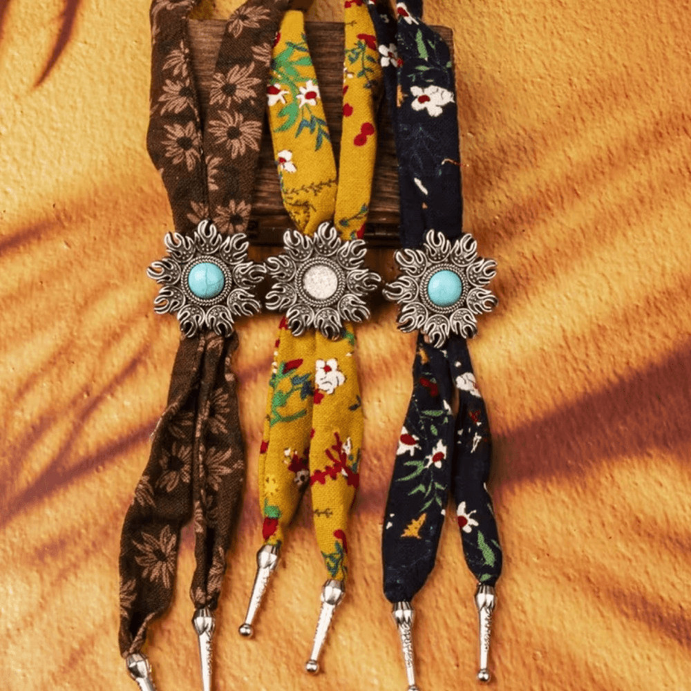 NEW! Soon6/30:Boho Sunburst Fabric Wrap BOLO TIES $22 EACHTurquoise & alloy